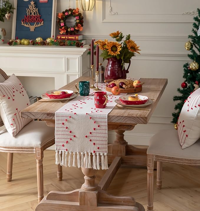 Christmas Table Runner 13 x 108 Inch Long Natural Cotton Woven Runner with Tassels for Home Dining Christmas Decorations, for Modern Farmhouse Holiday Boho Table Runner, Red and Beige
