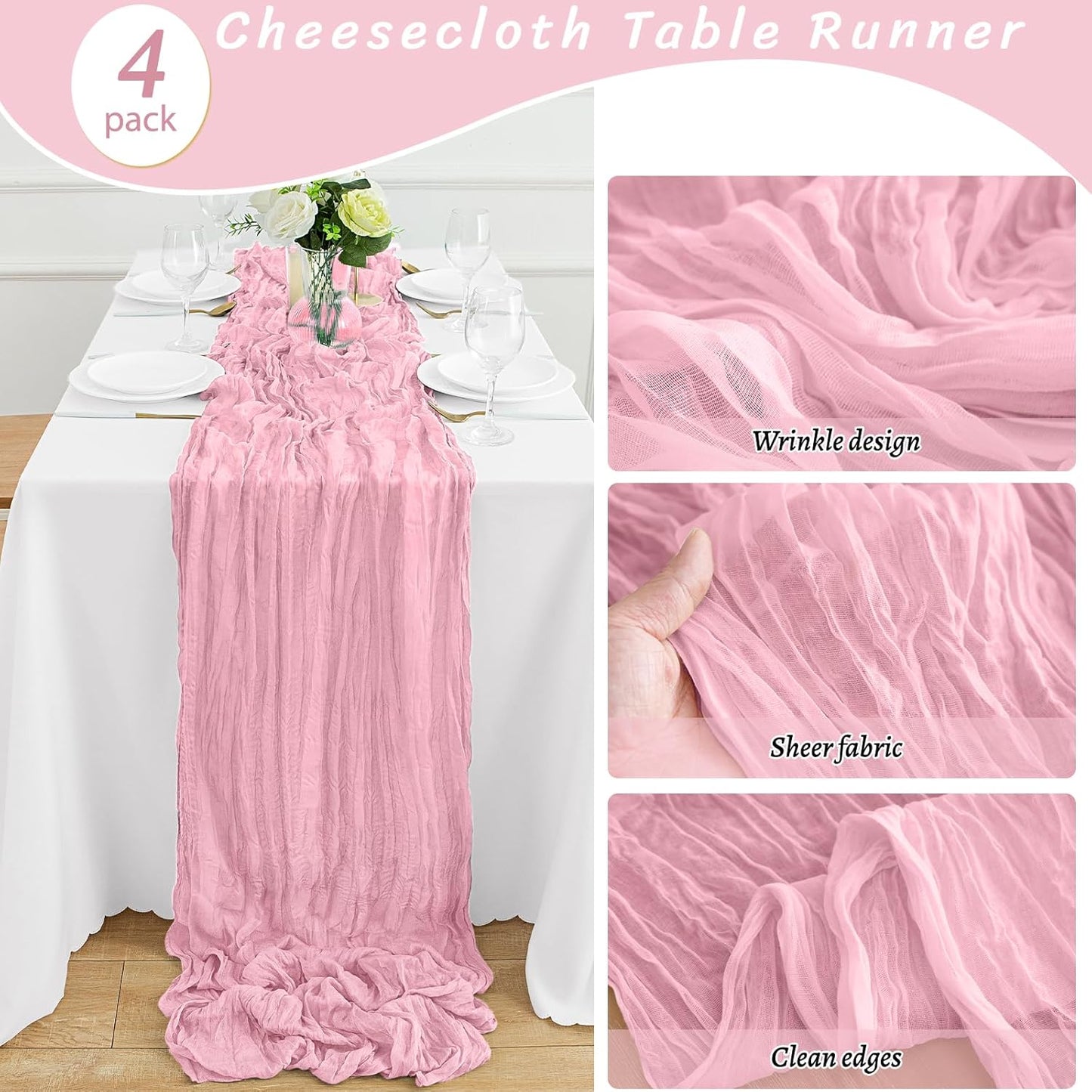 4Pack Pink Table Runner 10FT Cheesecloth Table Runner 35x120Inch Long Boho Cheese Cloth Table Runners Rustic Gauze Table Runners for for Party Wedding Bridal Shower Baby Shower Decorations
