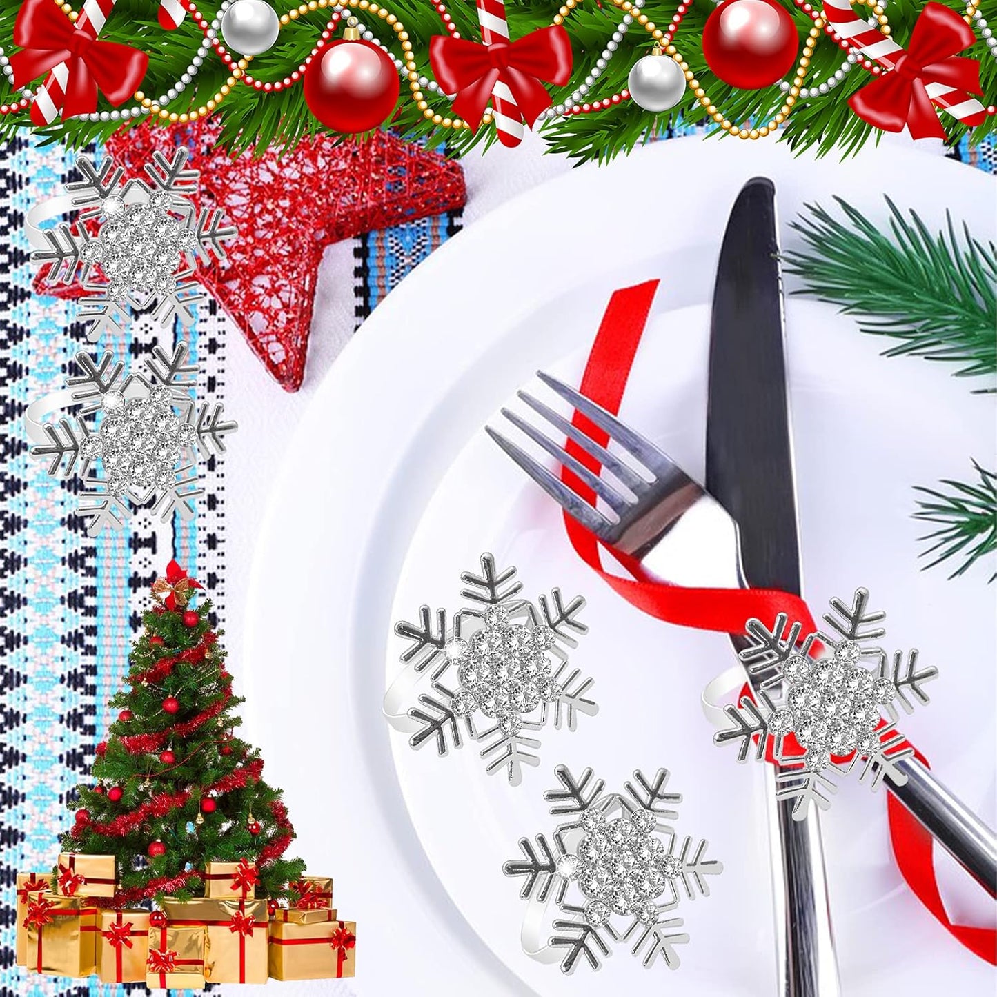 Legigo 6 Pcs Christmas Napkin Rings- Sliver Diamond Snowflake Napkin Holder Rings Dinner Tables Rings for Xmas Winter Holiday Place Setting, Dinner Parties, Weddings, Family Gatherings