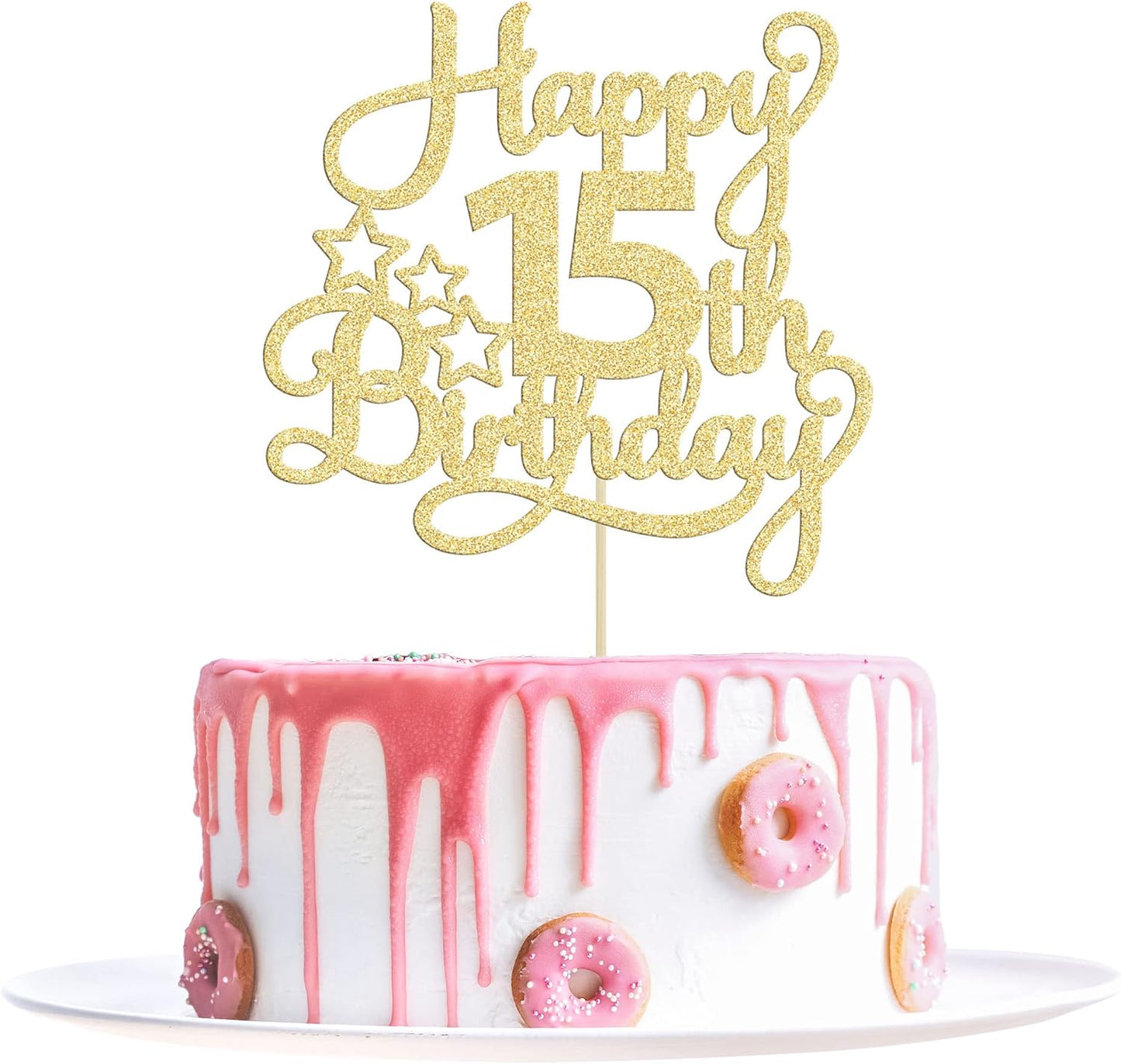 1 Pack Happy 15th Birthday Cake Topper Gold Glitter Mis Quince 15 Cheers to 15 Years Old Cake Pick for Celebrating 15th Birthday Anniversary Party Cake Decorations Supplies