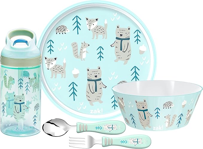 Zak Designs 5-Piece Dinnerware Set, Forest Friends - Durable Plastic & Stainless Steel - Includes Water Bottle, 8-Inch Plate, 6-Inch Bowl, Fork & Spoon - Suitable for Kids Ages 3+
