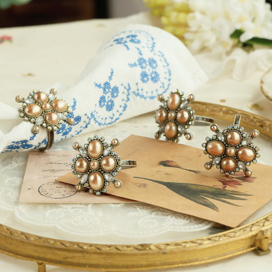 Vintage Pearl Napkin Ring Set of 4 for Dining Wedding Anniversary Birthday Christmas Party Crystal Rhinestone Serviette Holders for Table Settings, Antique Bronze