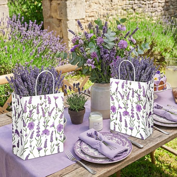 Marspark 24 Pcs Lavender Paper Gift Bags for Birthday Wedding Baby Shower Party Supplies Purple Treat Bag with Handles Candy Goodie Bags for Guests Mothers' Day, Valentine's Day, 8.3'' x 5.9'' x 3.1''