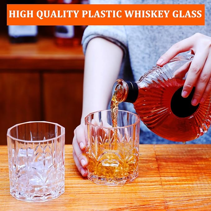 8 Sets Plastic Whiskey Glasses 14 oz Unbreakable Whiskey Drinking Glasses Old Fashioned Cocktail Cups Plastic Water Tumblers Clear Wine Cup Shatterproof Short Tumbler for Indoor Outdoor