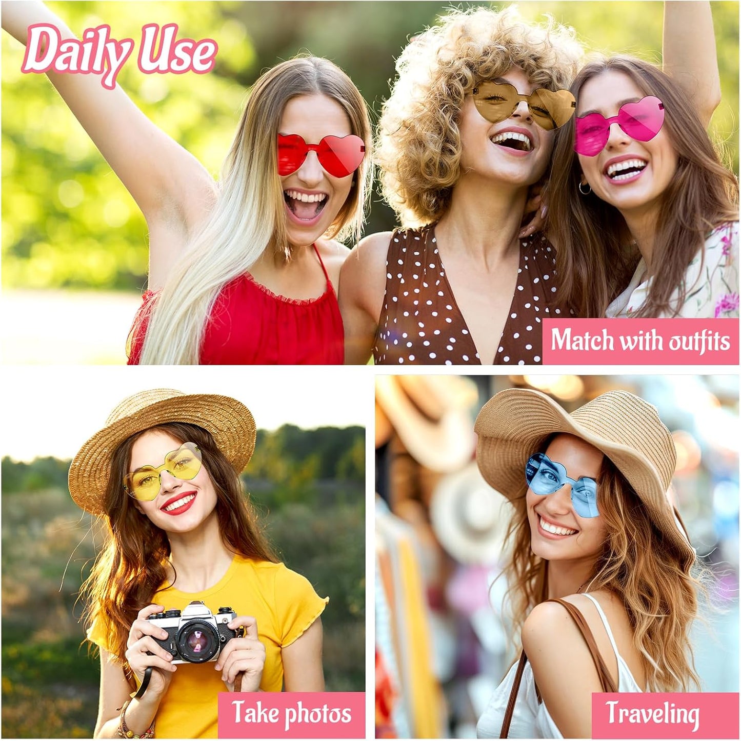 Morcheiong 12/24/36/48 Pack Heart Shaped Sunglasses Colorful Rimless Glasses Bachelorette Party Favor Eyewear for Women Girls