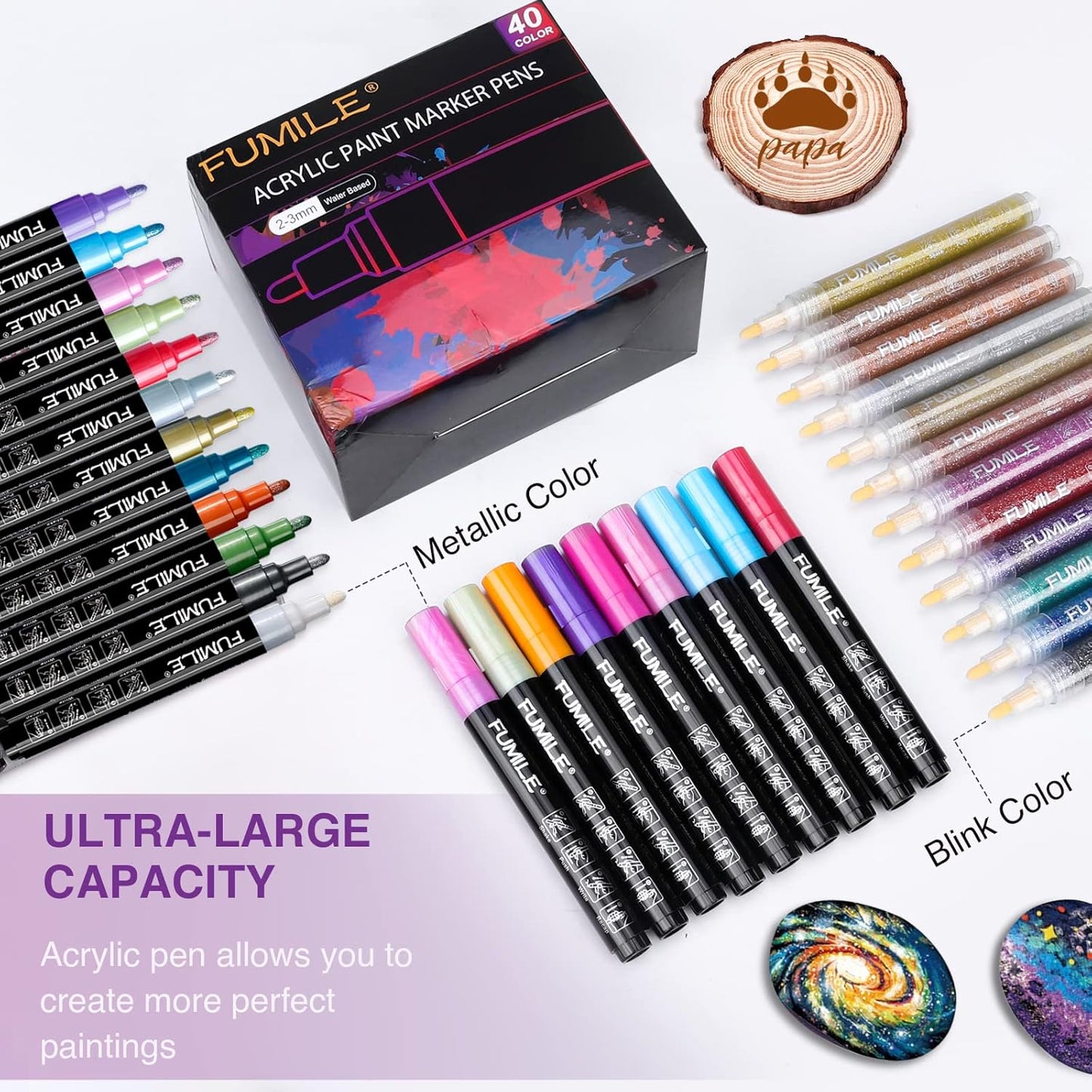 FUMILE 120 Color Acrylic Paint Marker, Include Metallic Color(28PCS),Blink Color(12 PCS),Classic Color(80PCS). Paint Markers Acrylic Marker Ideal for Rock, Wood, Metal, Plastic, Glass, Easter Egg.
