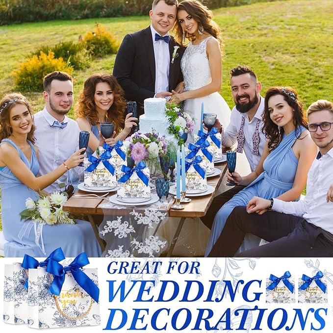 Kolldenn 40 Pcs Small Thank You Floral Gift Bags 5.5''x 2.4''x 4.7'' Blue White Paper Party Favor Bag with Handle Chinoiserie Floral Bag Bulk with Ribbon for Wedding Birthday Bridal Baby Shower