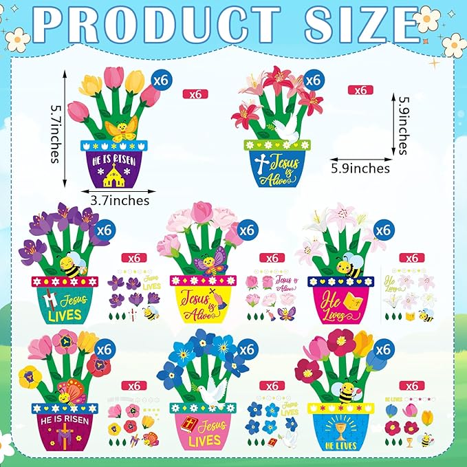 Frienda 48 Sets Easter Religious Crafts for Kids Easter He is Risen Christian Crafts DIY Hand-Print He is Risen Arts Kit for Sunday School Classroom Activities Party