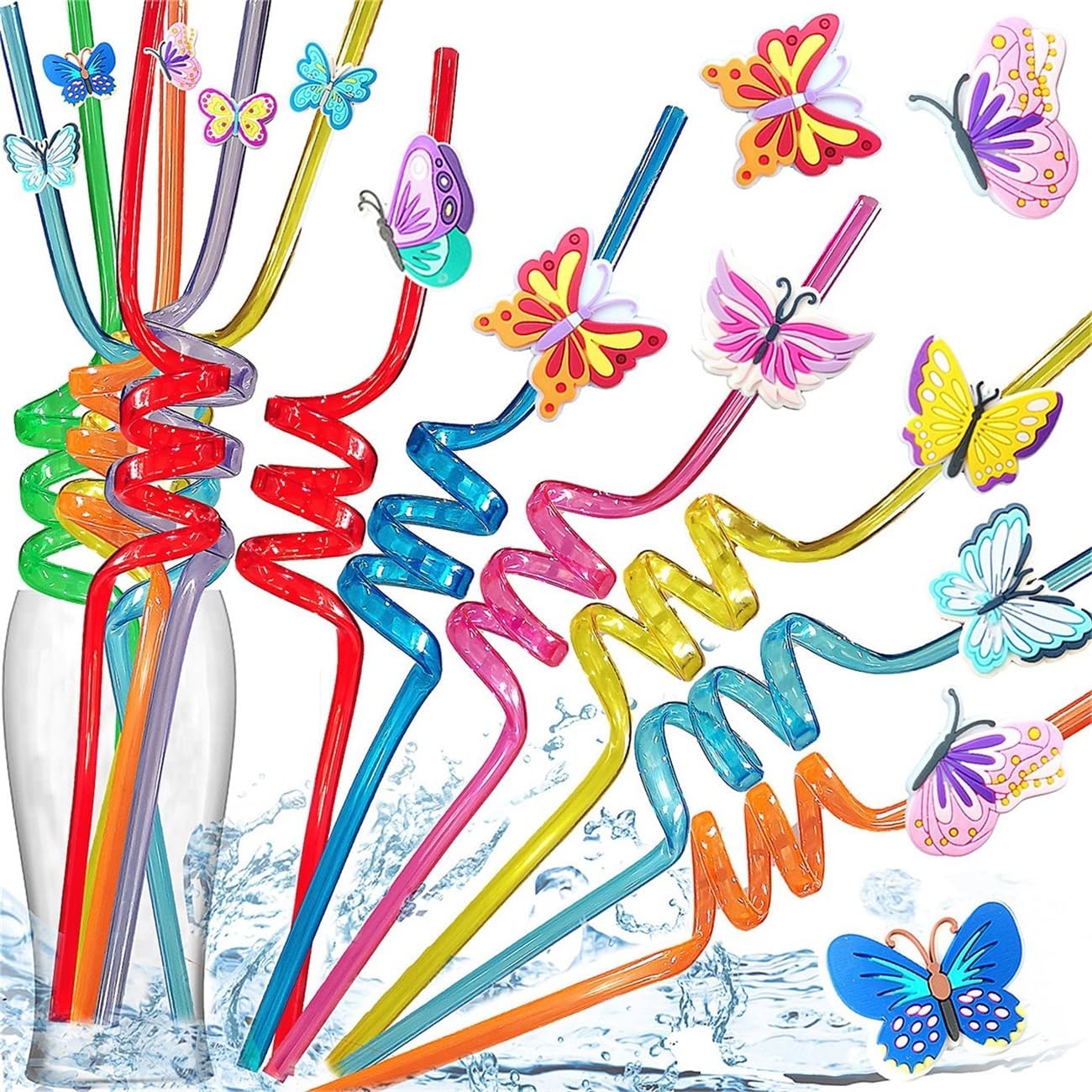 24 packs Bulk Butterfly Reusable Plastic Straws For Kids Birthday Party Favors,Summer Butterfly Crazy Drink Straws For Classroom Christmas Day