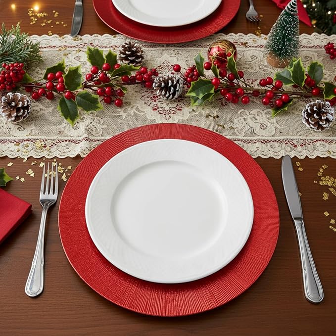 Tanlade 50 Pcs Charger Plates Bulk, 13 Inch Plastic Round Charger Dinner Plates Elegant Wedding Serving Plate for Event Tabletop Wedding Party Bridal Baby Shower Decor (Red)