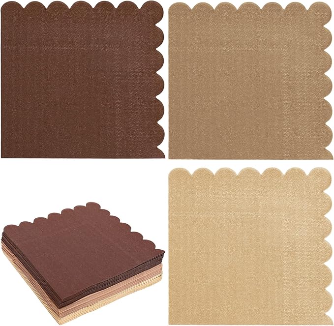 Whaline 150 Pack Fall Color Brown Neutral Cocktail Napkins Wood Grain Napkins Brown Gradient Color Napkins with Scalloped Edges Disposable Napkin in 3 Colors for Party Supplies Table Decor, 5 x 5 In