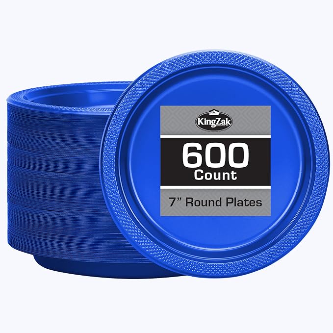 Hanna K. Signature Collection Blue Plastic Plates 7 Inch - 600 count Solid Round Party For Weddings, BBQs, Birthday Disposable Dessert (82270 (case))