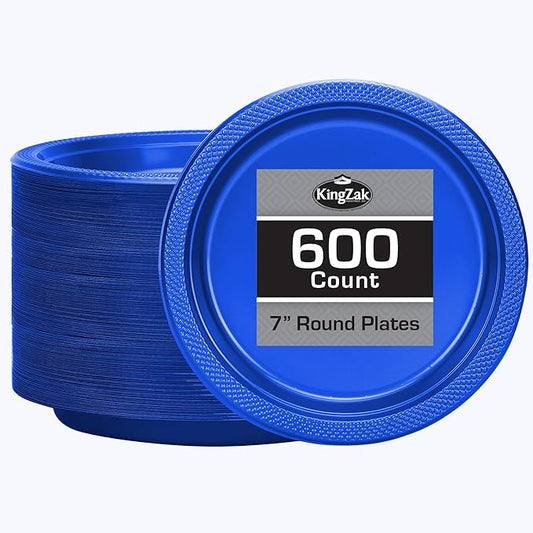Hanna K. Signature Collection Blue Plastic Plates 7 Inch - 600 count Solid Round Party For Weddings, BBQs, Birthday Disposable Dessert (82270 (case))