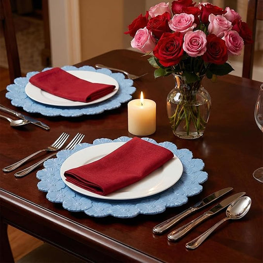 Blue Charger Plates with Flower Rim, 13" Round Charger for Dinner Plates, Set of 6 Plastic Plate Chargers for Wedding, Birthday.