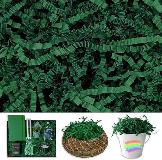 Dark Green Crinkle Cut Paper Shred Filler, 2 LB Basket Filler Shredded Paper, Confetti Stuffing for Basket Filling, Halloween, Thanksgiving, Christmas, Birthdays, Gift Wrapping, Stuffer Party Supplies