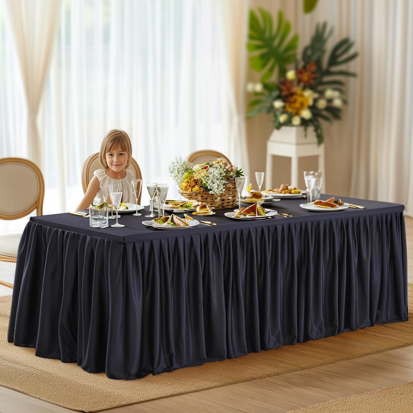 Black Table Clothes for Rectangle Tables 6ft, Wrinkle Resistant Fitted Table Cloth with Pleated Ruffle Skirts for Banquet Wedding Baby Shower Folding Tables