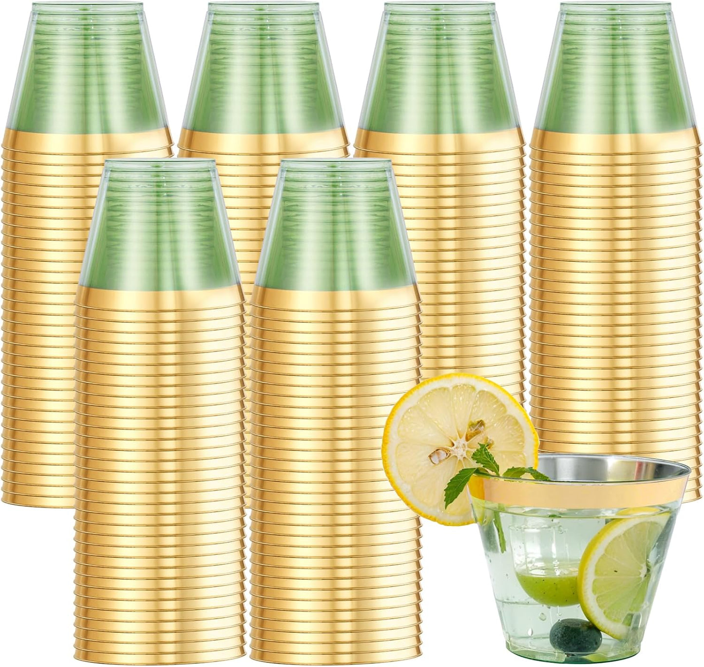 supernal 100 Pack Green Plastic Cups, 9 Oz Clear Green Disposable Cups with Gold Rimmed - Plastic Wine/Cocktail Glasses, Disposable Bridal/Shower Baby Shower Cup Perfect for Party & Wedding