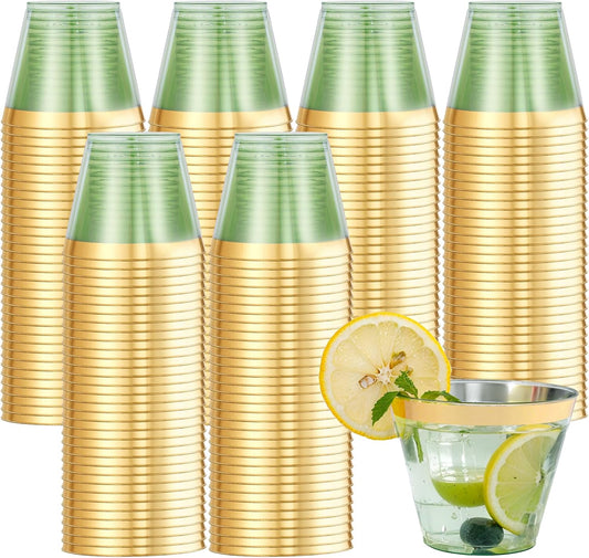 supernal 100 Pack Green Plastic Cups, 9 Oz Clear Green Disposable Cups with Gold Rimmed - Plastic Wine/Cocktail Glasses, Disposable Bridal/Shower Baby Shower Cup Perfect for Party & Wedding