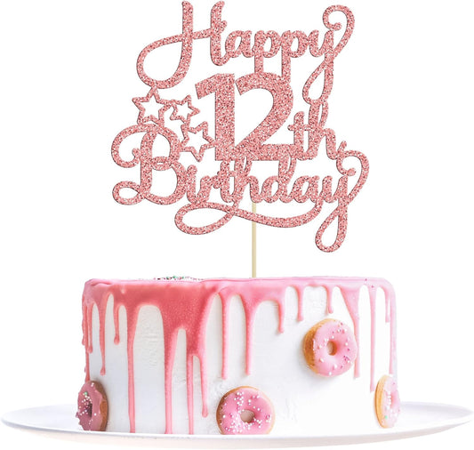 1 Pack Happy 12th Birthday Cake Topper Glitter Heart Star 12 Fabulous Cake Pick Birthday Sign Cake Decorations for Children 12th Birthday Theme Party Supplies Rose Gold