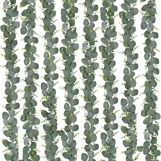 CEWOR 8pcs 5.8ft Artificial Eucalyptus Garland Fake Silver Dollar Eucalyptus Greenery Garland Vines for Mantle Table Runner Centerpiece Home Party Decor