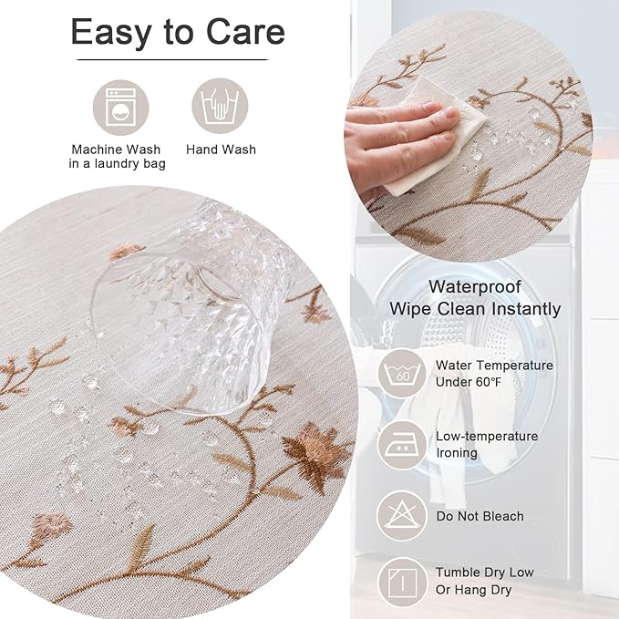 Joyfol Day Linen Waterproof Tablecloth with Tassels, Rustic Farmhouse Flowers Embroidery Table Cloths for Square Tables, Heavy Weight Spill-Proof Table Covers, Coffee Florals, 55''x 55''