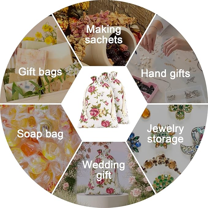 Pangda 30 Pieces Small Size Rose Drawstring Bags Burlap Flower Pouch Bags Linen Gift Jewelry Pouches for Wedding DIY Craft Party (5.1 x 7 Inch)