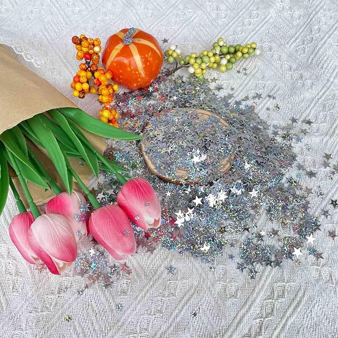 WEIKA 60g Star Confetti Glitter Star Table Confetti, Metallic Foil Star Glitter, Table Decorations for Party Wedding birthday graduation Decorations(Glitter Silver Set, 10mm and 6mm)