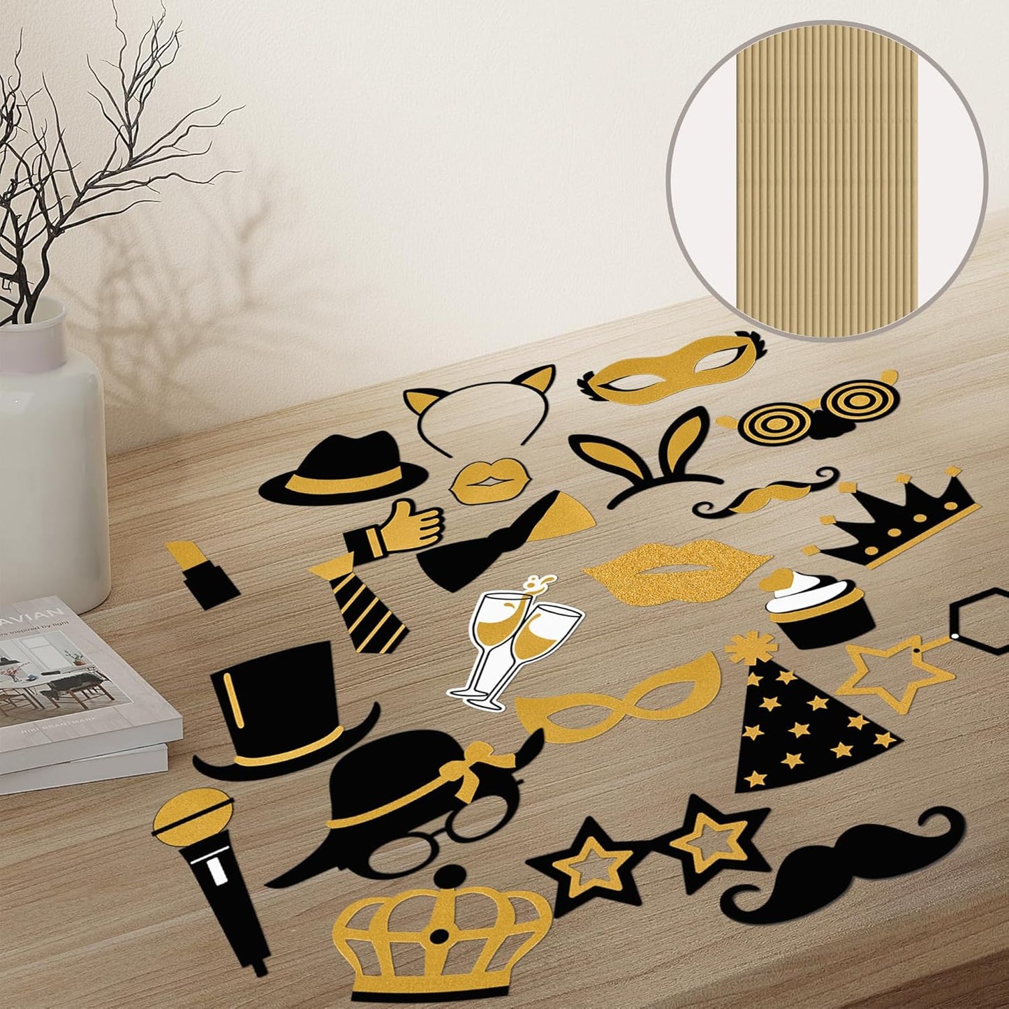 Photo Booth Props, Kaluofan 24PCS Photobooth Props, Funny Photo Props Party Props Accessories for Adults and Kids, Photo Booth Props for Wedding Birthday Christmas New Year‘s Eve(Black+Gold)