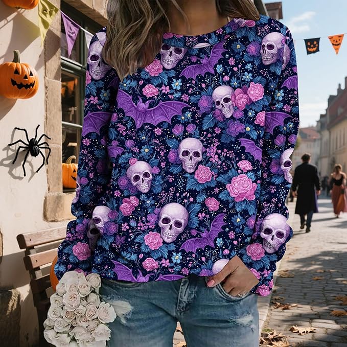LIZALIG Pullover Cute Sweatshirt Orange Skeleton Fall Festive FunWomens Design Bat Holiday Party Outings Pumpkin Print