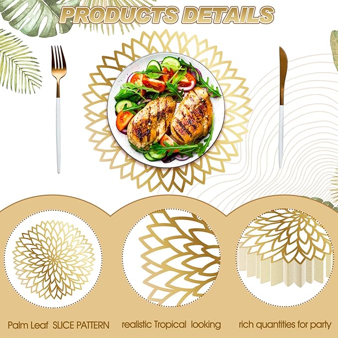Sinmoe 100 Pack Disposable Paper Placemats Bulk 13 Inch Paper Charger Place Mat Party Charger Plates Table Place Mats for Dinner Wedding Birthday Baby Shower Spring Dining Tableware(Golden Print)