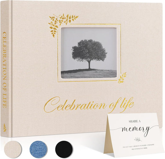 Lanpn Funeral Guest Book for Memorial Service, Linen Celebration of Life Registry Guest Book with Open Window, Memory Book for Funeral with Table Sign, Funeral Favors Sign in Books for Guests, Beige