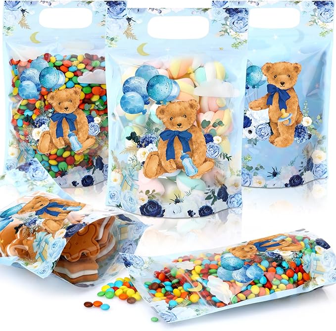 Blosssound 50 Pcs Bear Party Gift Bags Resealable Blue Baby Shower Plastic Bags Plastic Boy Bear Favor Pouches with Handles for Baby Shower Birthday Party Candy Gift Wrapping Supplies Decor