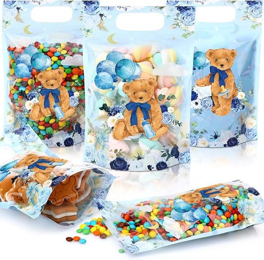 Blosssound 50 Pcs Bear Party Gift Bags Resealable Blue Baby Shower Plastic Bags Plastic Boy Bear Favor Pouches with Handles for Baby Shower Birthday Party Candy Gift Wrapping Supplies Decor
