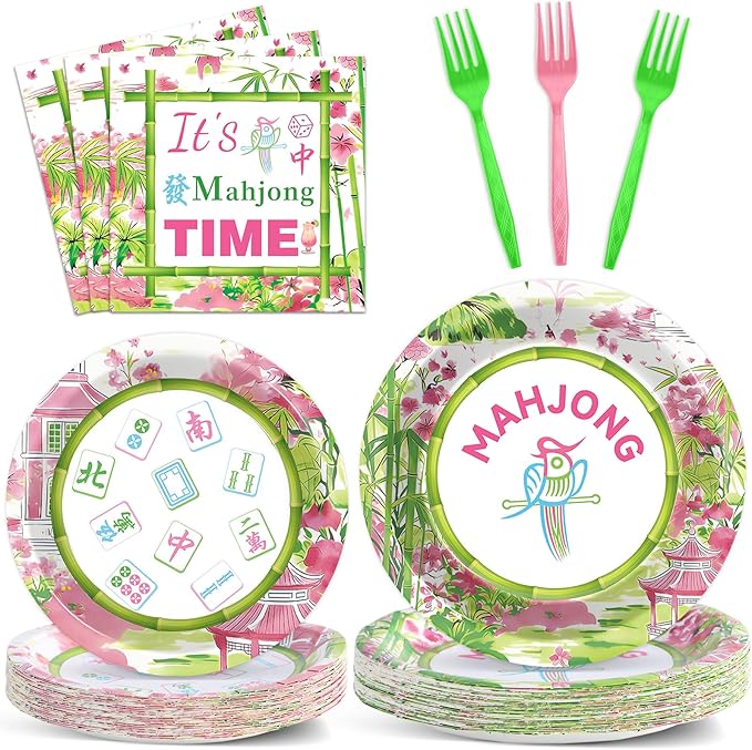 OBUSATT 96Pcs Mahjong Party Supplies Mahjong Paper Plates Napkins and Forks Mah jong Birthday Party Decorations Green and Pink Dinnerware for Home Special Events Game Night Tableware Serves 24