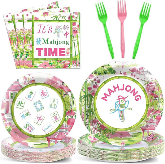 OBUSATT 96Pcs Mahjong Party Supplies Mahjong Paper Plates Napkins and Forks Mah jong Birthday Party Decorations Green and Pink Dinnerware for Home Special Events Game Night Tableware Serves 24
