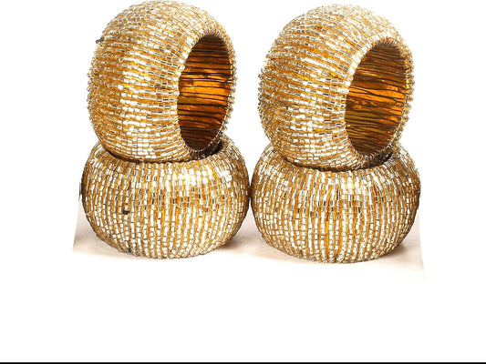 Goroly Home Beaded Napkin Rings Set of 4, Hand Made Round Beaded Napkin Rings Perfect for Christmas, Thanksgiving, Family Gatherings - A Beautiful Complements to Your Dinner Table Décor - Gold