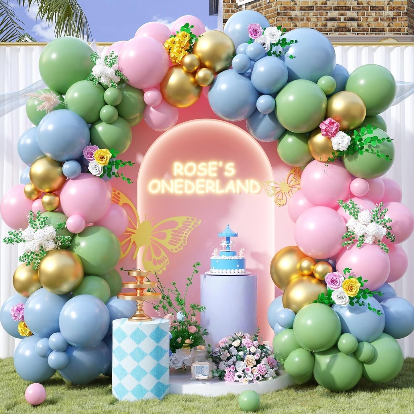 Pink and Green Balloon Arch Garland Kit, Sage Green and Pastel Pink Blue Metallic Gold Balloons, Woodland Balloons for Girls Baby Shower Floral Wonderland Spring Garden Tea Birthday Party Decorations