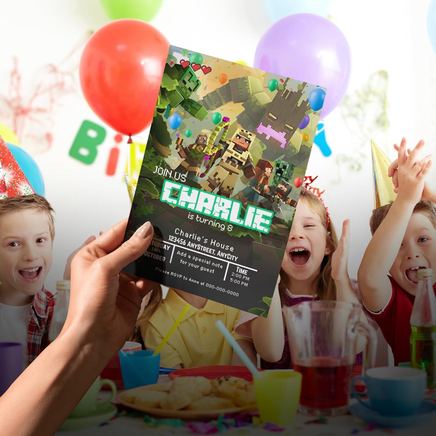 Fully Customizable minecraft Birthday Party Invitations, 4 x 6 inches, with Self-Sealing Envelopes, Gaming Theme Design, minecraft Birthday Invitations for Boys and Girls (Minecraft/Jungle)