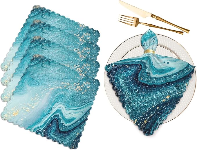 Blue Paint Gold Powder Cloth Napkins Set of 4 Soft Marble Swirls Agate Ripples Bright Ink Water Polyester Dinner Square Napkin for Family Restaurant Weddings Parties 18 x 18 inch