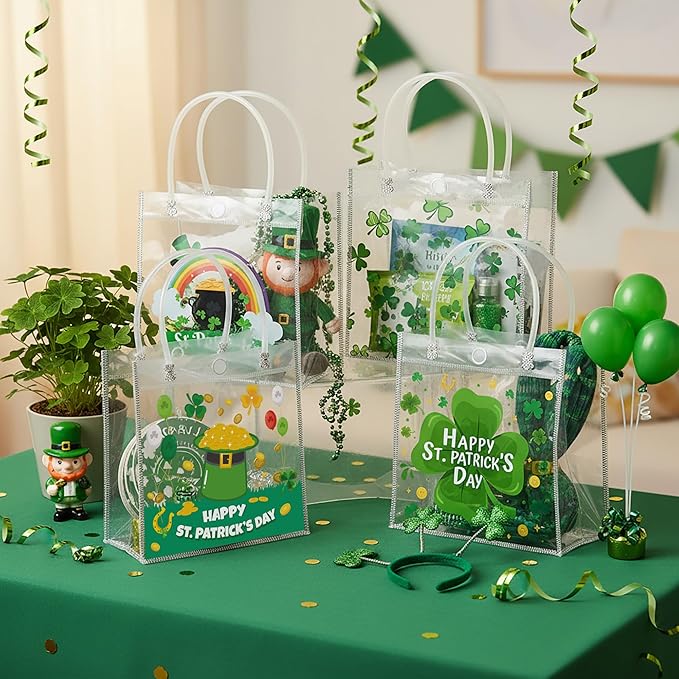 H1vojoxo St. Patrick's Day Gift Bags - 24PCS St. Patrick's Day Clear PVC Gift Bags with Handle for Family Gathering Party Decor Reusable Lucky Clover Goodie Bags Shamrock Bag for Holiday Party Favor