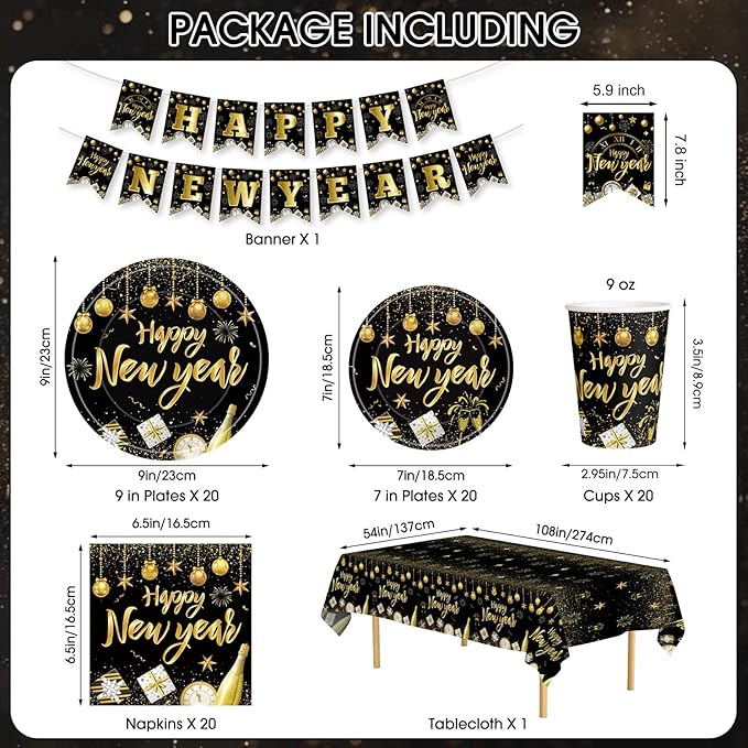 82 Pcs New Years Eve Party Supplies 2026 Set - Black Gold Happy New Year Decorations Kit, Including New Year Plates Napkins Cups Tablecloth and Banner for 2026 Happy New Years Party Decor Supply Favor