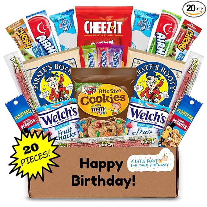 Hangry Kit Birthday Snack Box - (20 CT) Happy Birthday Basket Care Package - Contains Birthday Snacks, Cookies, Chips, Candy. Party Variety Box. (Funny 1)