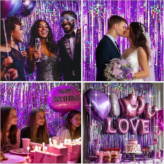 4 Packs Purple Foil Fringe Curtain, Purple Glitter Metallic Tinsel Backdrop for Birthday, Wedding, Baby Shower, Princess Bachelorette Christmas New Year Party Decorations Supplies