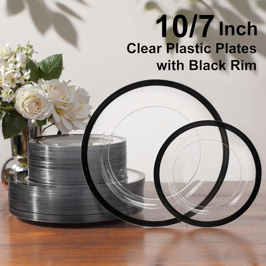 U-QE 200 Pcs Black Plastic Plates for Party - Black Plates Disposable Heavy Duty - Include 100 Dinner 10'' & 100 Dessert 7'', Perfect for Party & Wedding (Heavyweight)
