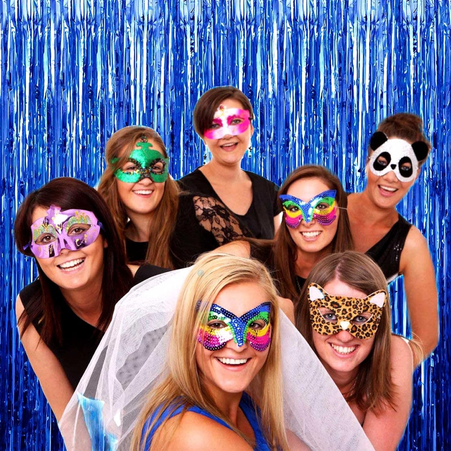 4 Pack Blue Foil Fringe Curtain Backdrop, 3.28Ft x 9.84Ft Metallic Tinsel Streamers for Sea Party, Photo Booth Props, Birthday, 2022 Summer Ocean Theme Party Decoration Supplies