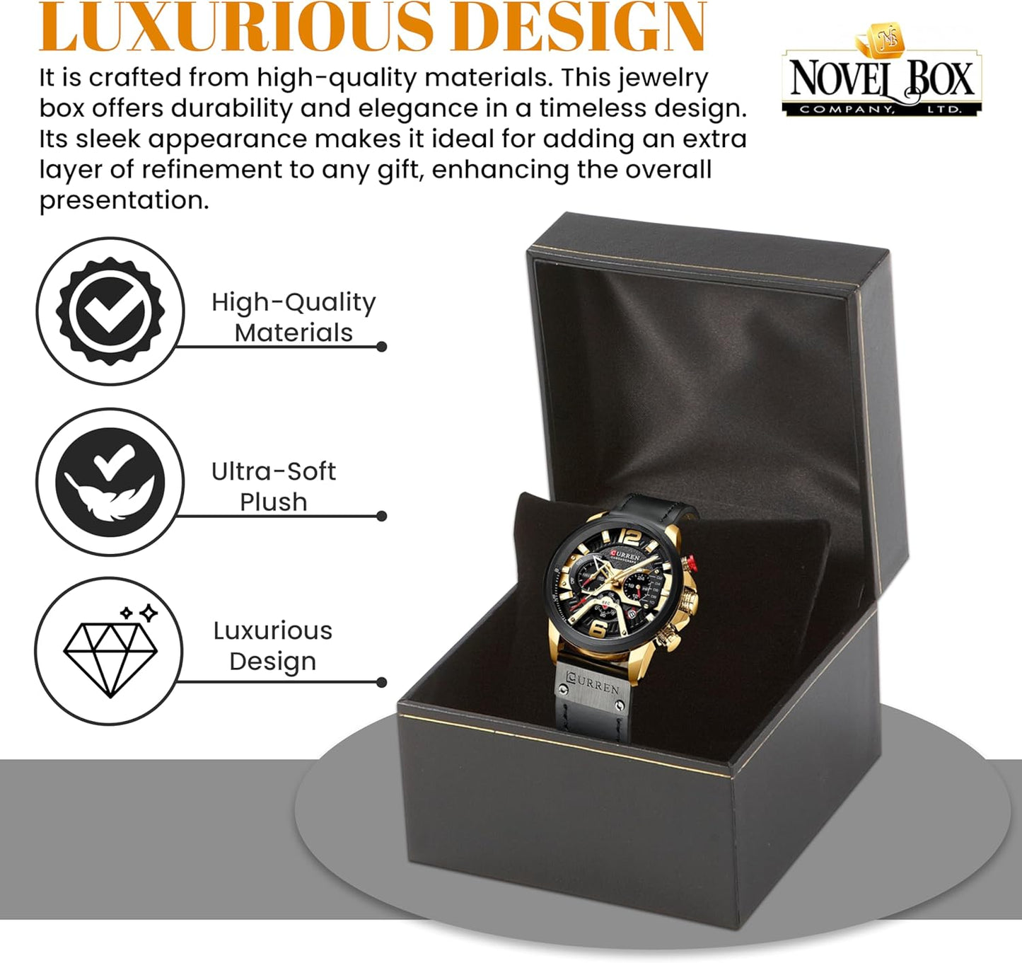 Novel Box Black Jewelry Bangle/Watch Box with Pillow-Style 4.5x4.5x2.87 Inches - Watch/Bangles Boxes with Gold Trim - Faux Leatherette Cases for Bangle/Watch Storage