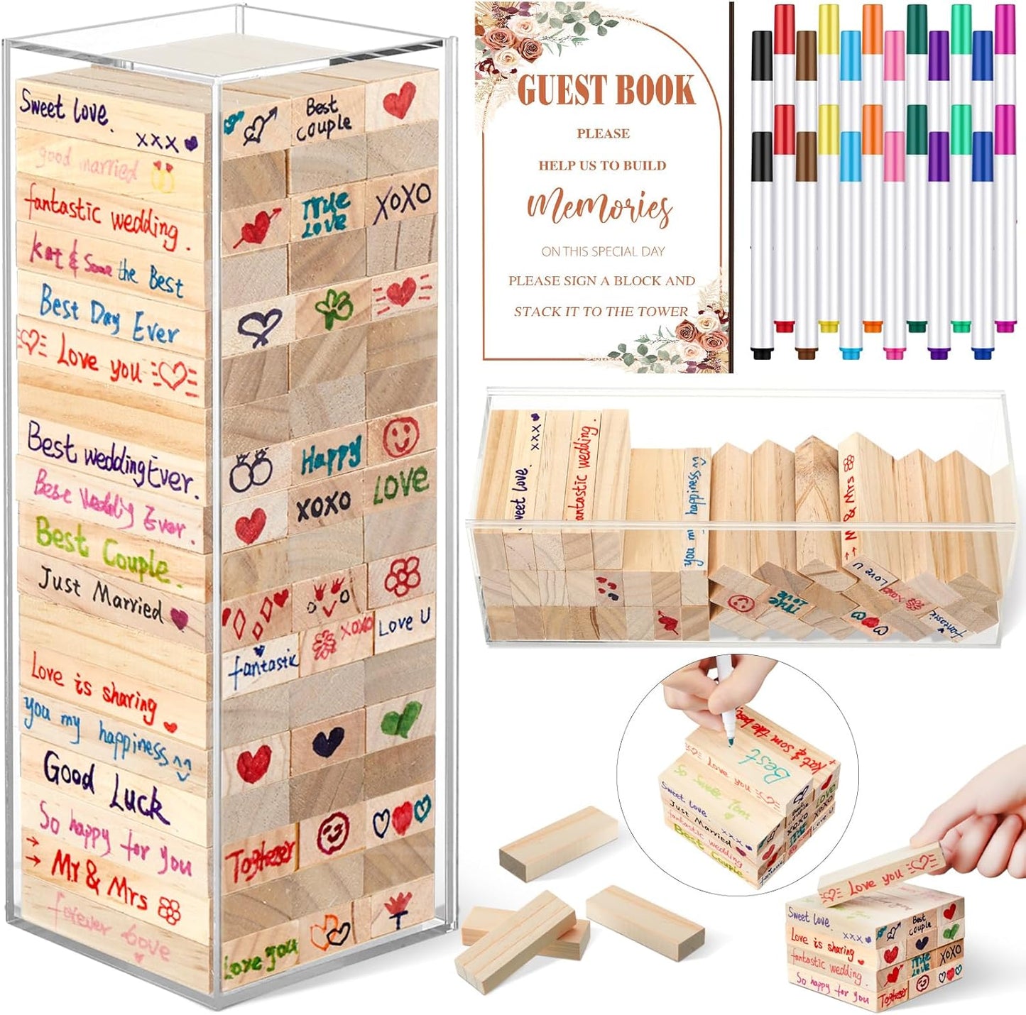 80 Pcs Wedding Guest Book Alternative Wooden Block Guest Book for Wedding Sign in Bridal Shower Decoration Wooden Block Bridal Shower Game for Sign in, Reception(Rustic)