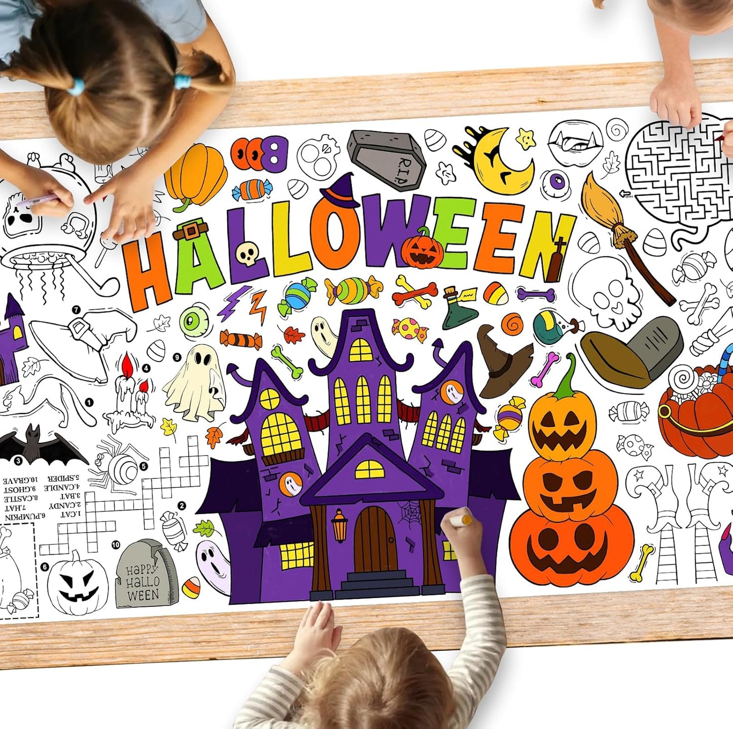 Halloween Coloring Tablecloth - 31.5 x 72 Inches,Versatile Paper Coloring Banner/Table Cover for School Party Halloween Decoration