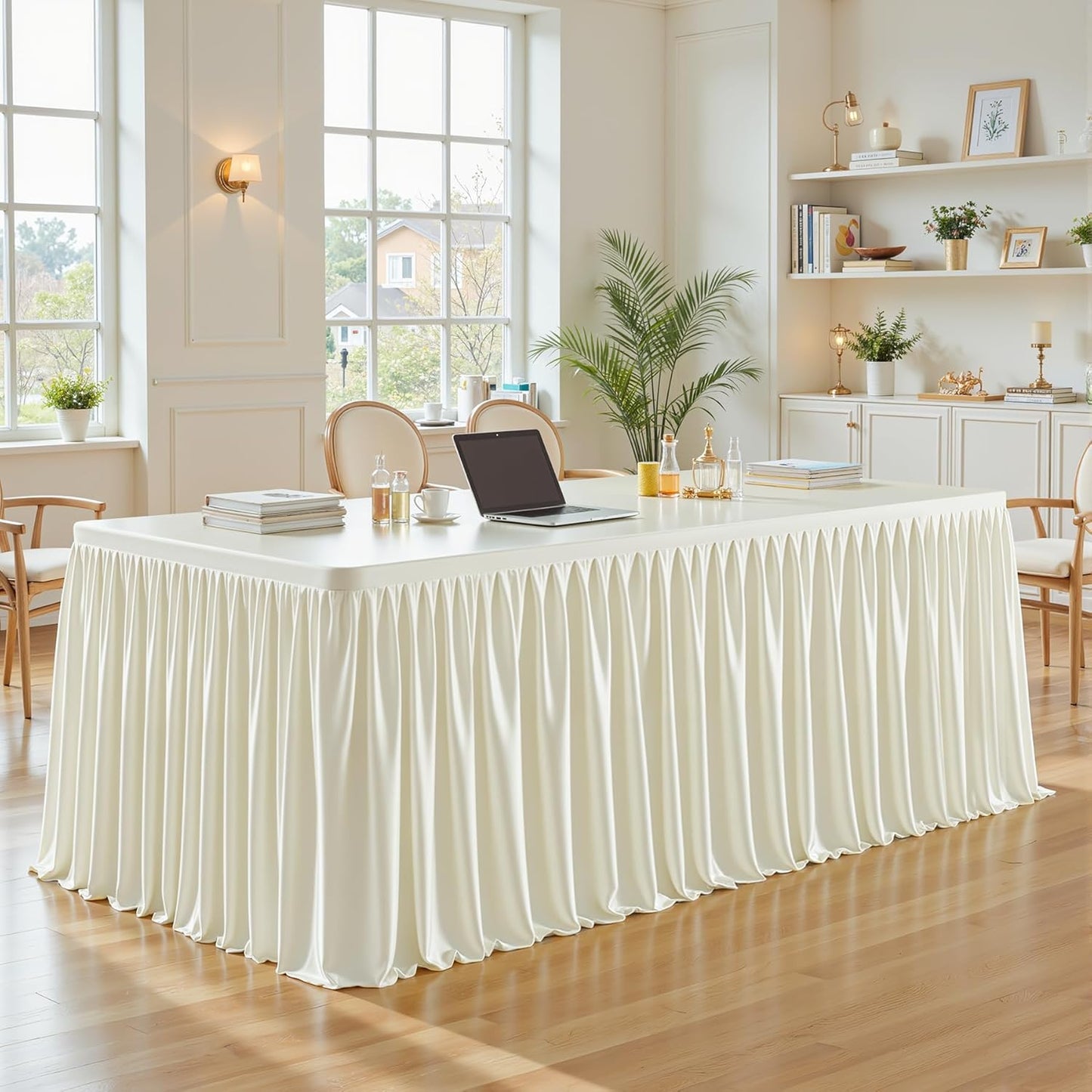 1 Pack Ivory Rectangle Table Clothes for 8 Foot Tables, Polyester Wrinkle Free Fitted Tablecloths 8ft Stretch Table Cover with Skirt for Wedding, Birthday, Parties, Trade Show, Craft Show