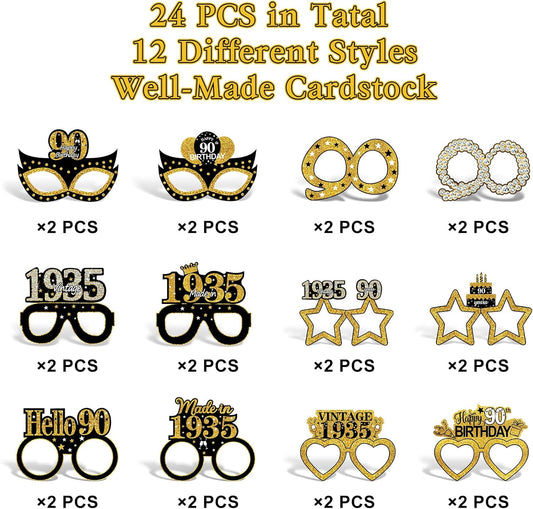 24Pcs 1935 90th Birthday Paper Glasses Decorations for Men Women - Black Gold Happy 90th Birthday Paper Eyeglasses Photo Props, Vintage 1935 Ninety Years Old Birthday Party Supplies